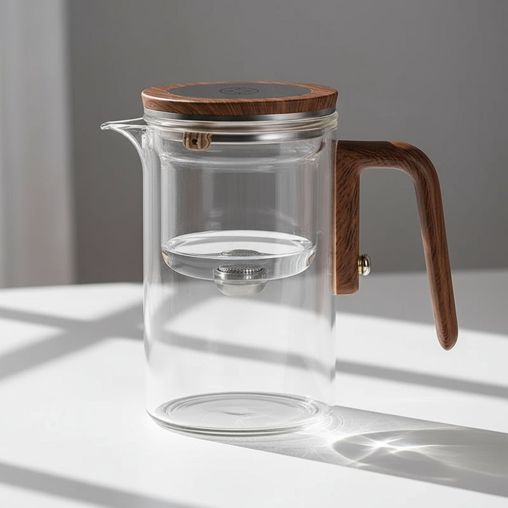 Théière en verre transparent avec système de filtration intelligent
