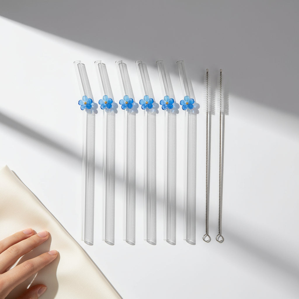 Set de 6 Pailles en Verre Borosilicate | Design Floral de Luxe
