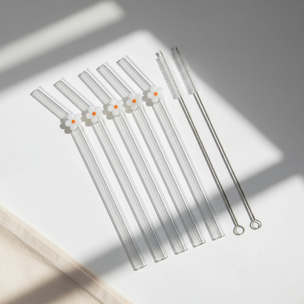 Set de 6 Pailles en Verre Borosilicate | Design Floral de Luxe