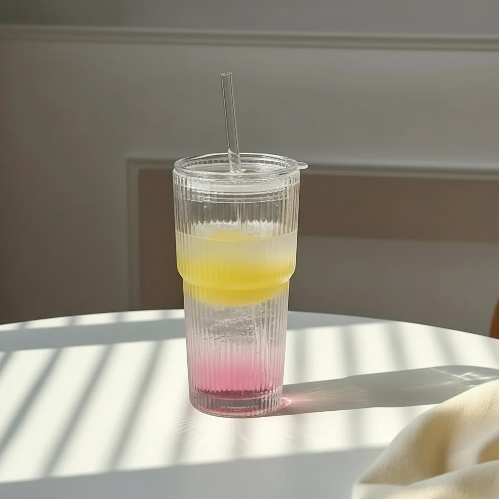 Lunéra – Verre Rayé 600 ml avec Couvercle & Paille Réutilisable pour Boissons Froides