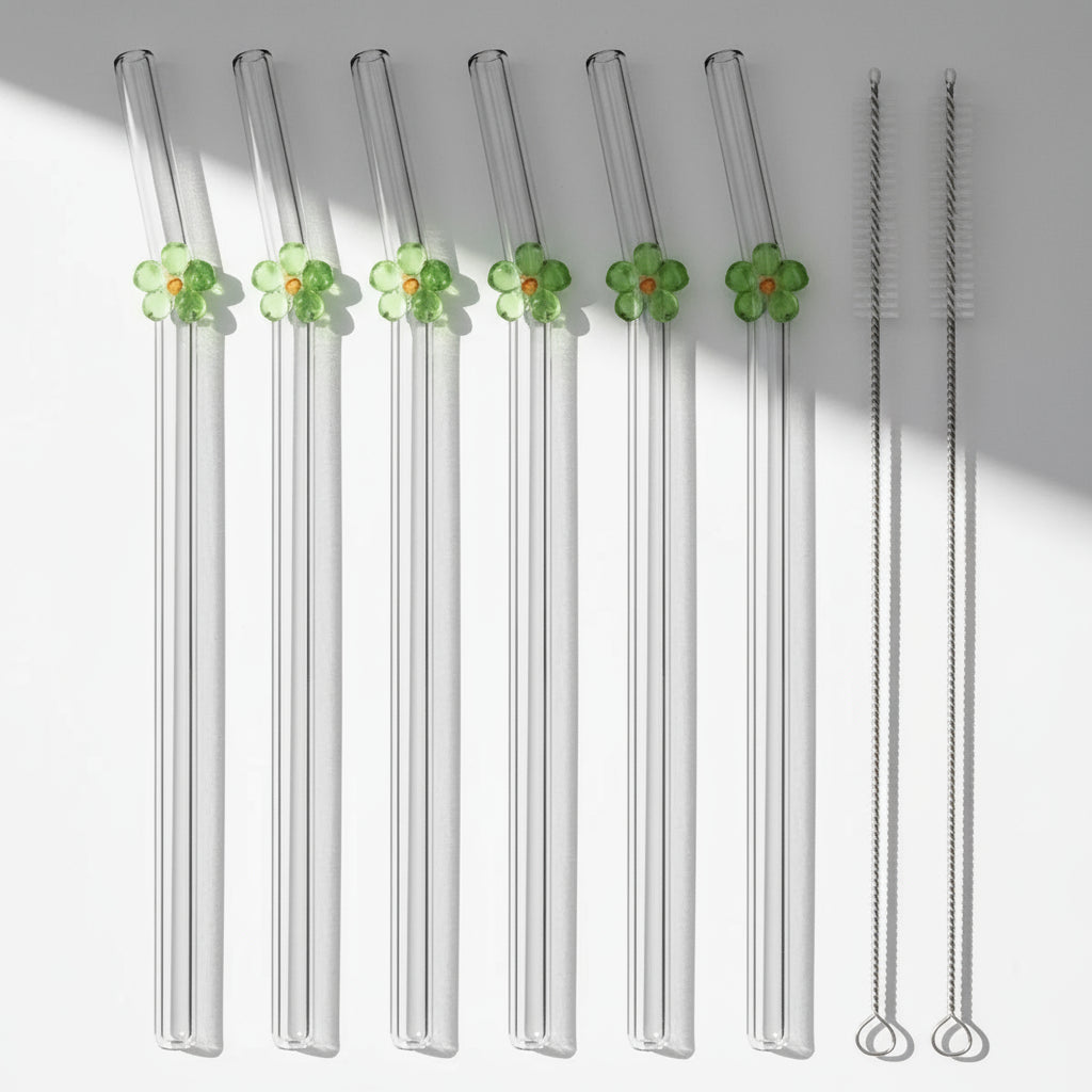 Set de 6 Pailles en Verre Borosilicate | Design Floral de Luxe