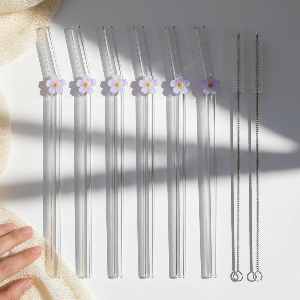 Set de 6 Pailles en Verre Borosilicate | Design Floral de Luxe