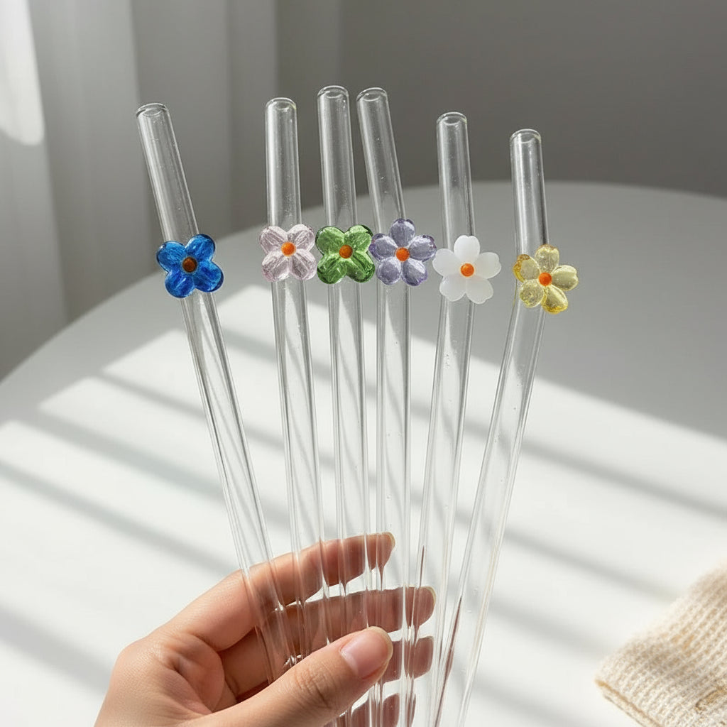 Set de 6 Pailles en Verre Borosilicate | Design Floral de Luxe