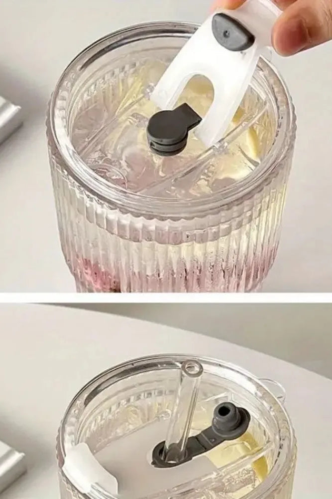 Lunéra – Verre Rayé 600 ml avec Couvercle & Paille Réutilisable pour Boissons Froides