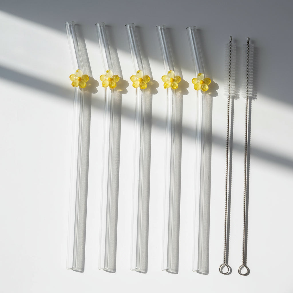 Set de 6 Pailles en Verre Borosilicate | Design Floral de Luxe