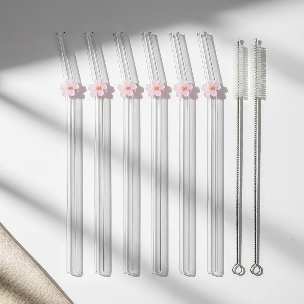 Set de 6 Pailles en Verre Borosilicate | Design Floral de Luxe