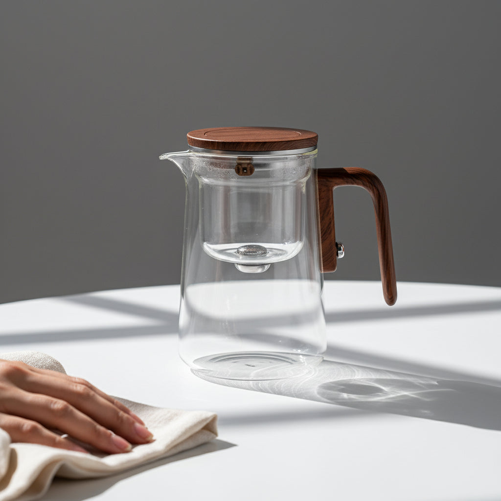 Théière en verre avec poignée en bois - vue latérale