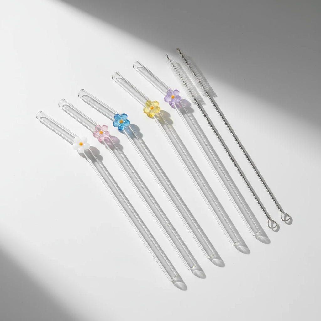 Set de 6 Pailles en Verre Borosilicate | Design Floral de Luxe